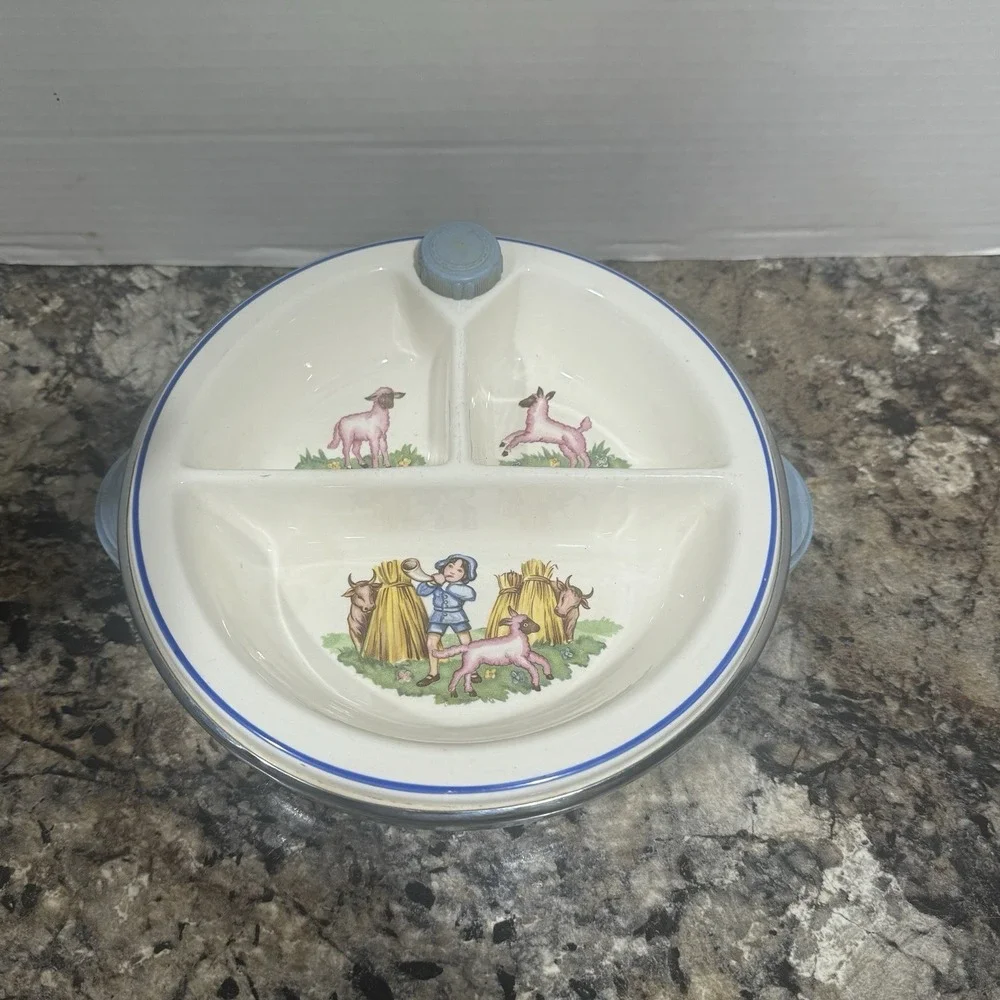 Vintage‎ Bartsch Baby Warming Dish - Little Boy Blue Nursery Rhyme & Pink